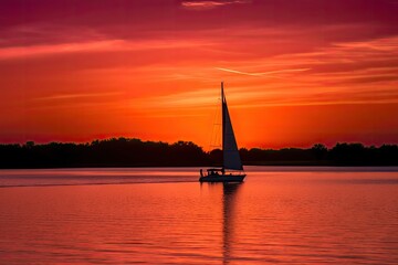 sailboat crossing sunset, with orange and pink sky, created with generative ai