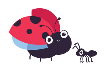 Cute ladybug and ant. Funny little insects cartoon vector illustration