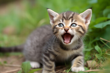 Fototapeta na wymiar adorable meowing tabby kitten outdoors