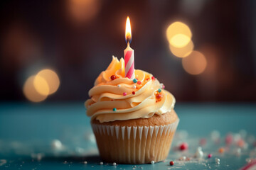 Birthday cupcake with candle, yellow frosting and sugar sprinkles. Generative AI illustration