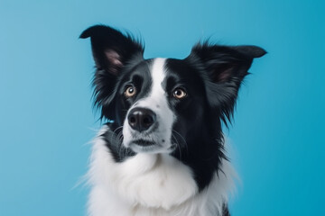 adorable portrait of amazing healthy and happy adult black and white border collie in the photo studio on the blue background