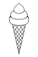 Popsicle in a waffle cone. Sketch. Ice cream made of three layers. Vector illustration. Outline on an isolated background. Doodle style. Sweet refreshing dessert. An idea for a menu, web design.