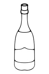 Champagne. Sketch. A glass bottle with sparkling wine is closed with a cork. Vector illustration. Outlines on an isolated background. Doodle style. Idea for web design.