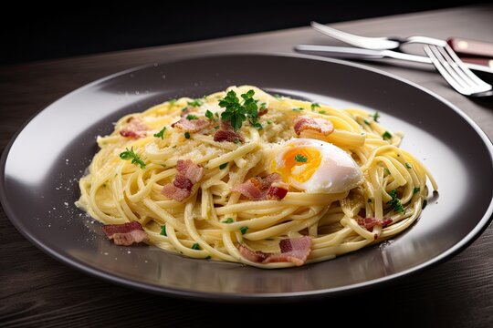 plate of spaghetti carbonara with eggs and bacon, created with generative ai