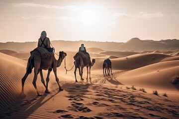 nomadic tribe traveling by camel on desert sands, created with generative ai
