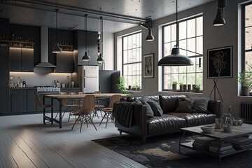 industrial apartment with minimalist design, open floor plan and sleek furnishings, created with generative ai