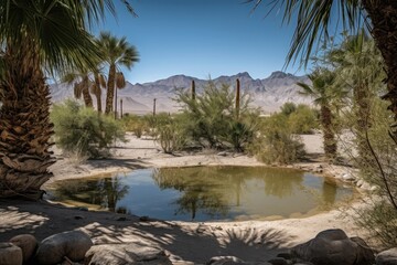 desert oasis with view of majestic mountain range in the background, created with generative ai