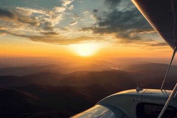 Aerial sunset view over the Blue Ridge Mountains from the cockpit of a private aircraft, Sky with clouds, Sky background