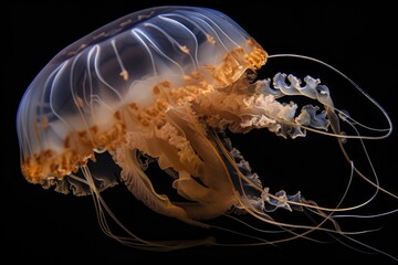 close-up of jellyfish with its long tentacles and stingers visible, created with generative ai