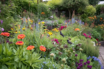 close-up of garden's greenery and flowers, with birds in the background, created with generative ai