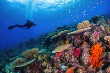 Fototapeta na wymiar scuba diver swimming through colorful coral reef, with schools of fish visible in the background, created with generative ai