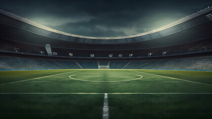 Fototapeta na wymiar textured soccer game field with entrance to stadium - centre, midfield. Generative ai