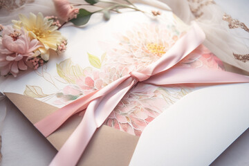 Beautiful wedding invitation envelope with pink ribbon and lace. Generative AI illustration
