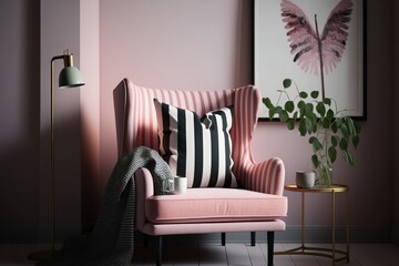 pink armchair with striped throw pillow and modern art print on the wall, created with generative ai
