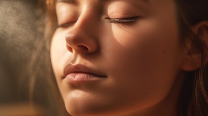 Fototapeta premium Womans face with their eyes closed, and a serene expression on their face as they focus on their breathing. Generative AI