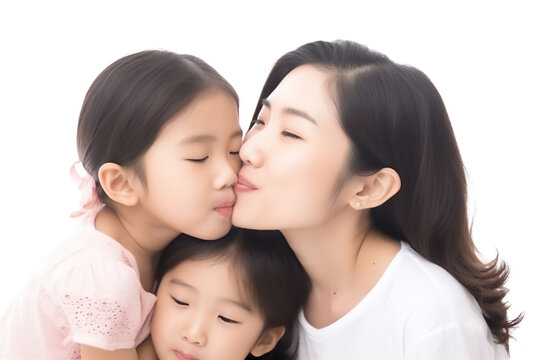 Asian mid woman and children hugging on a white background