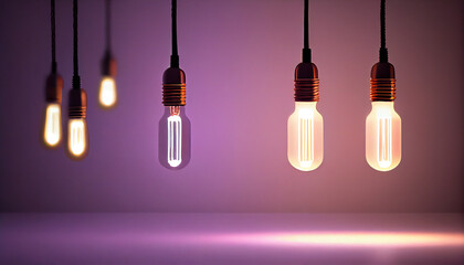 Idea concept image with lightbulbs hanging. Generative ai.