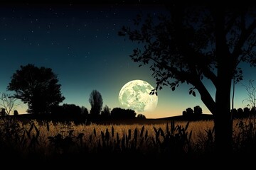 a harvest moon night, with a silhouette of trees in the background, created with generative ai