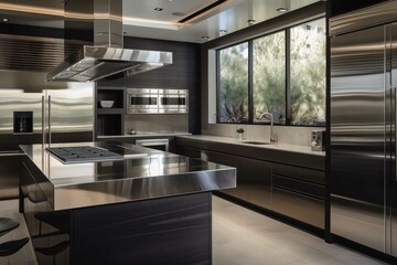 minimalist kitchen with sleek cabinetry and stainless steel appliances, created with generative ai