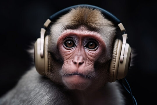 cute monkey photo wearing earphones