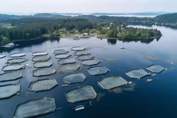 Tuinposter Aerial view of fish farm with enclosures in lake © alisaaa