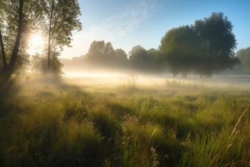 pristine meadow in the morning light, with mist rising from the grass, created with generative ai