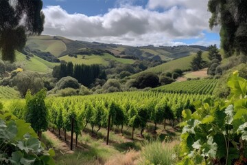 Fototapeta na wymiar vineyard with rolling hills and lush foliage in the background, created with generative ai