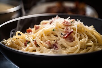 close-up of creamy bowl of spaghetti carbonara, with pepper and cheese visible, created with generative ai