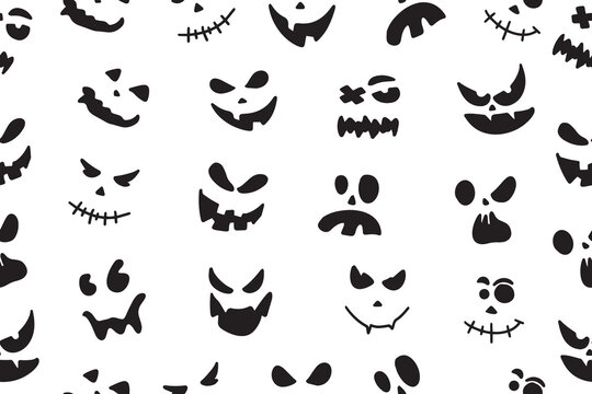 Seamless pattern with emotions halloween pumpkins on white background. Funny faces for scrapbook digital paper, textile print, page fill. Vector illustration