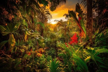 jungle with view of sunset, with vibrant colors and warm lighting, created with generative ai