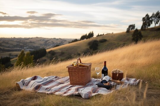 picnic setup with basket, blanket, and bottle of wine on grassy hilltop, created with generative ai