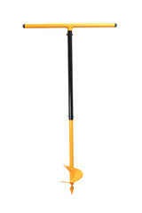 Garden drill on a white background for drilling.Manual equipment for drilling land, wells.