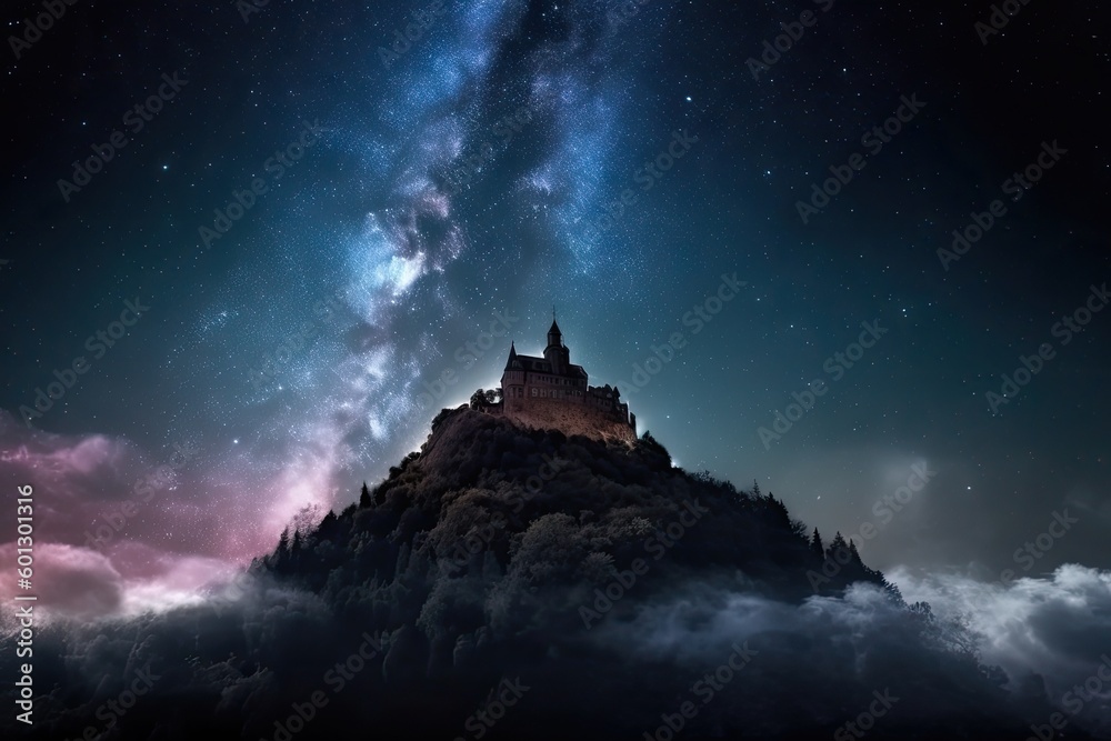 Sticker magical galaxy with castle in the clouds and stars in the sky, created with generative ai