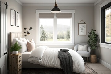 cozy modern farmhouse bedroom, with plush comforter and minimalist decor, created with generative ai
