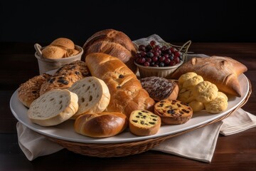 plate of assorted breads, baked in different shapes and sizes, created with generative ai