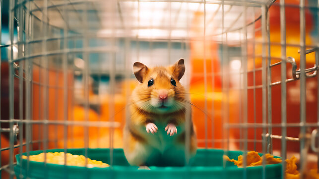 a photograph of a hamster sitting inside a laboratory cage Generative AI
