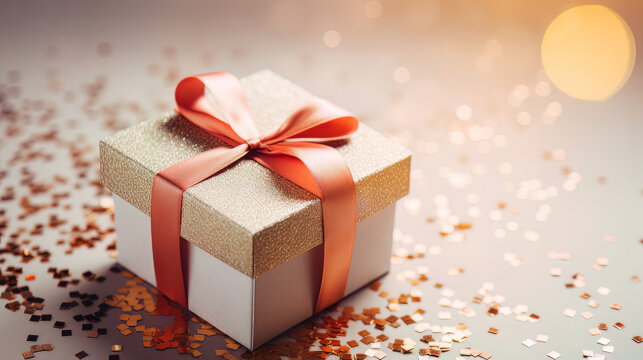 Gift box wrapped in white paper with satin ribbon on festive background with many sparkles, top view