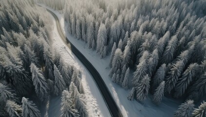 Aerial view on the road and forest at the winter time. Natural winter landscape from air. Forest under snow a the winter time. Generative Ai.