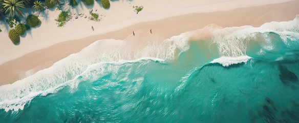 Fotobehang Beach and waves from top view. Turquoise water background from top view. Summer seascape from air. Top view from drone. Travel concept and idea. Generative Ai. © Kowit