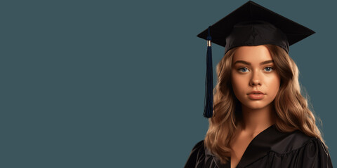 Woman wearing graduation cap isolated o solid color background. Website banner, poster, flyer, copy space for education, scholarship, college, graduation.