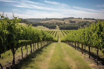 Fototapeta na wymiar vineyard with rolling hills and scenic views, perfect for a vineyard wedding, created with generative ai
