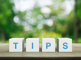 TIPS letter on white block cubes on wooden table over blur green tree in park, Business customer service and support concept