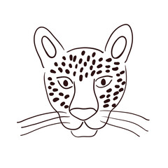 Cute leopard face, portrait hand drawn cartoon character illustration, sketch. Line art, drawing style design, isolated vector. Tropical animal, jungle wildlife, big cat, safari, nature, print element