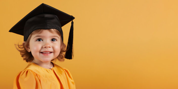 Cute little girl wearing graduation cap isolated o solid color background. Website banner, poster, flyer, copy space for education of future generation, scholarship, college, graduation.