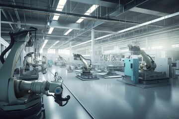 a factory floor of the future, with robotic arms and advanced tools working in tandem to manufacture products, created with generative ai