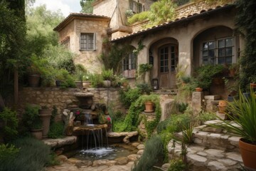 Fototapeta na wymiar mediterranean house, surrounded by lush garden and running water features, created with generative ai