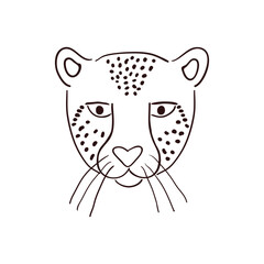 Fototapeta na wymiar Cute cheetah face, portrait hand drawn cartoon character illustration, sketch. Line art, drawing style design, isolated vector. Tropical animal, jungle wildlife, big cat, safari, nature, print element