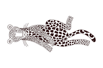 Obraz premium Cute jaguar laying down hand drawn cartoon character illustration, sketch. Line art, drawing style design, isolated vector. Tropical animal, jungle wildlife, big cats, safari, nature, print element