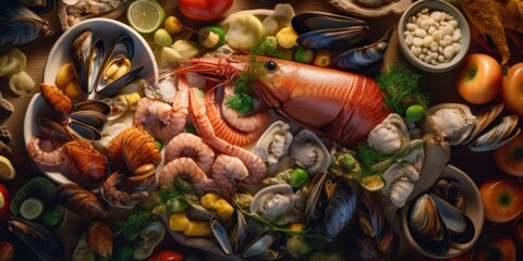 View from top of fresh seafood. Beautiful illustration picture. Generative AI