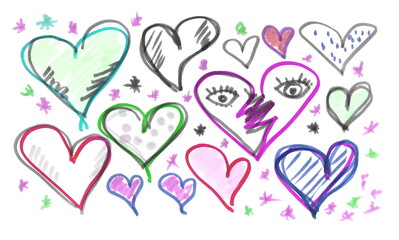 Set hand drawn watercolor felt tip pen in shape heart, love sign and symbol isolated on white